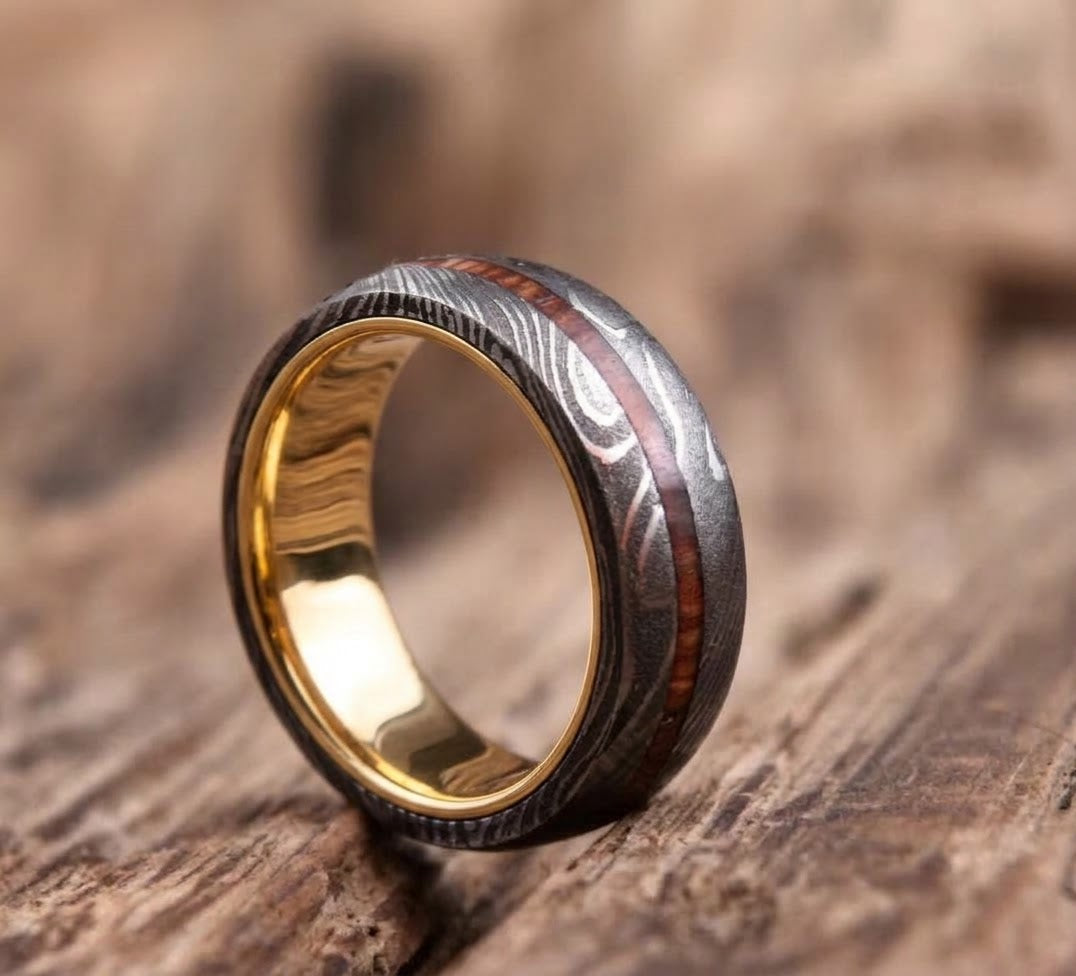 Damascus Steel & Rosewood Ring with Gold Interior | YMIR Forge